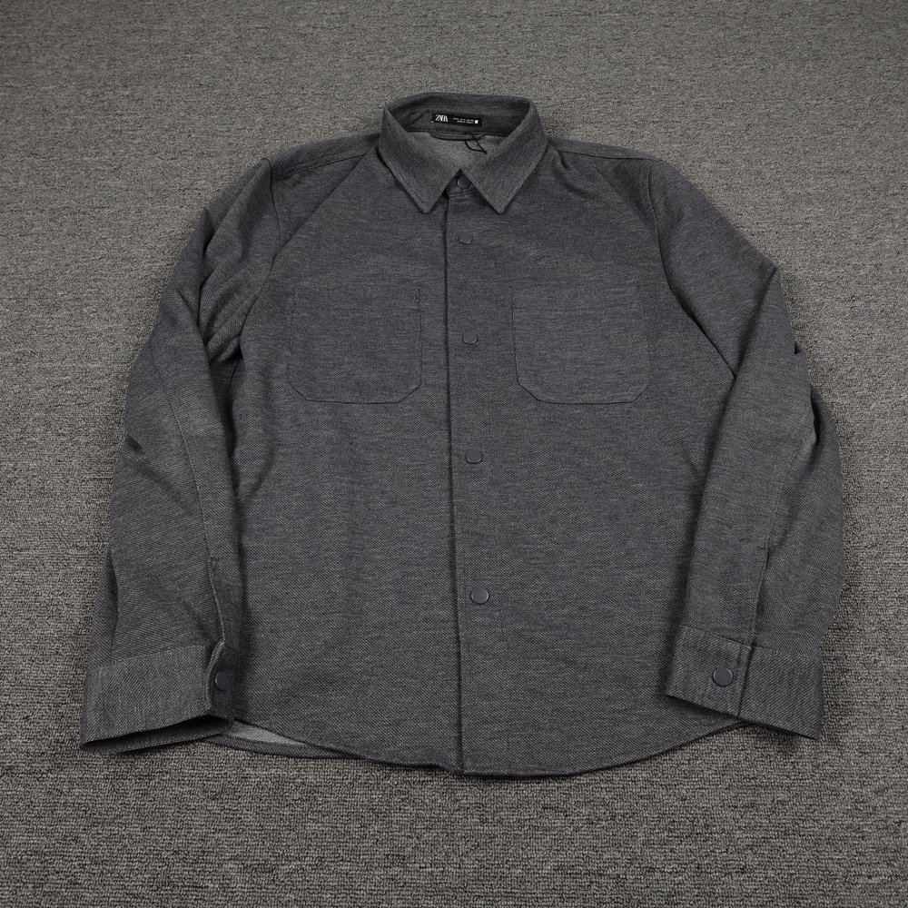 Zara Shirt Mens Large Gray Solid Twill Long Sleeve Snap Front Stretch Casual